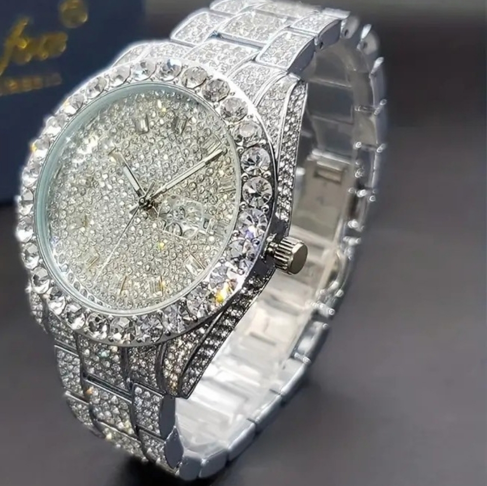 COPY - Silver Luxury Men's Watch Iced Out Twinkle Big Faux Diamond Quartz Watch